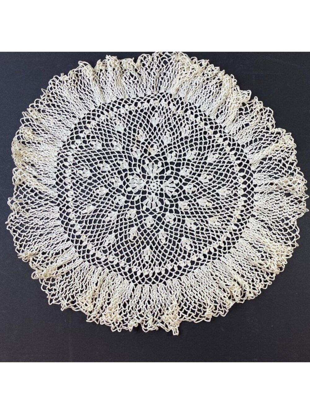 Vintage Ivory Hand Crocheted Circular Doily With Intricate Floral Lace Pattern